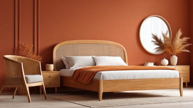 Soft light fills the cozy bedroom adorned in warm earthy tones. Rattan elements complement the natural decor, inviting tranquility and relaxation in this inviting space