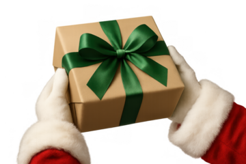 Santa claus hands holding christmas gift box with green ribbon, offering holiday present, transparent background