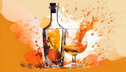 Abstract Glasses and bottle of whisky, orange minimal color background.
