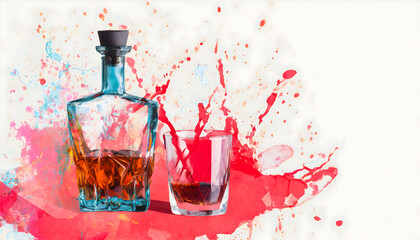 Abstract Glasses and bottle of whisky, orange minimal color background.