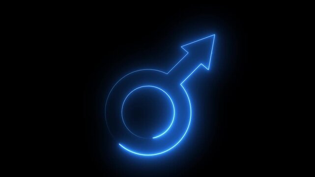 Neon male logo icon symbol on black background. Animated male gender symbol icon. male sign of gender equality icon.