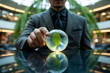 Man touching a glass sphere with a green leaf inside, representing life