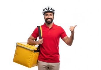 Smiling delivery man with yellow bag giving thumbs up
