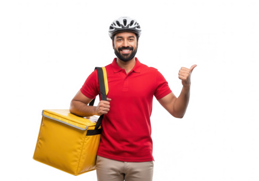Smiling delivery man with yellow bag giving thumbs up