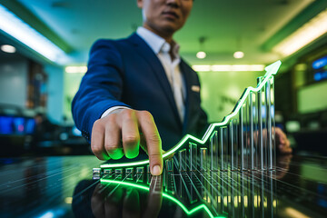 Businessman pointing at a glowing green financial graph showing growth