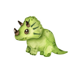 Cute green dinosaur illustration features a charming triceratops with large eyes in a playful pose