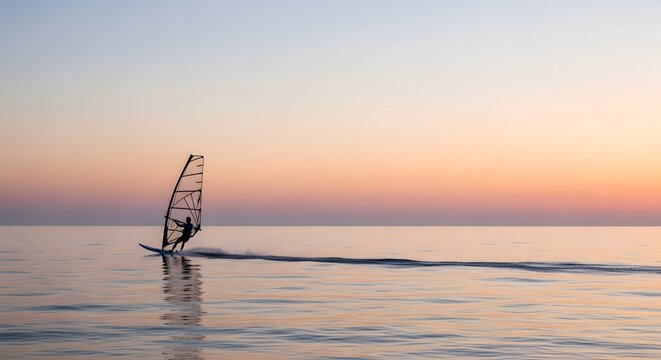 Minimal windsurfer gliding across open sea under soft morning sky and subtle waves
