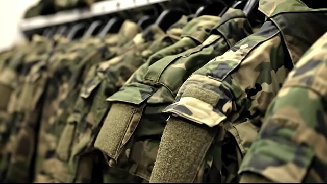 A close-up view of military uniforms hanging on a rack, showcasing their camouflage pattern and details. Perfect for themes around military, uniforms, and industry applications.