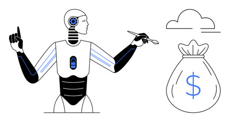 Robotic figure with a battery icon uses a stylus, pointing toward a bag with a dollar sign and a cloud. Ideal for AI, innovation, finance, cloud systems, automation, creativity, futuristic