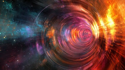 Obraz premium A colorful, abstract digital artwork featuring swirling, vibrant colors and a tunnel-like structure in the foreground, with a gradient of warm hues and a starry, cosmic background.
