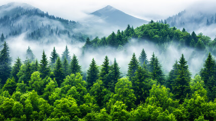 Obraz premium Misty mountain forest scene. Fog surrounds tall trees in a vibrant green forest, with rolling mountains in the background under a cloudy sky.
