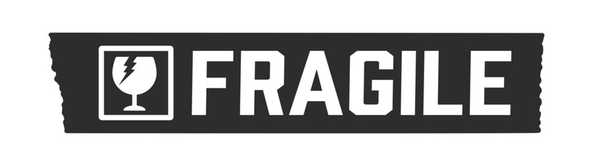 黒いテープに割れたグラスのアイコンとFRAGILEの文字 - 割れもの注意のメッセージのシール素材