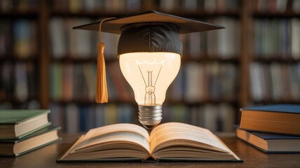 A creative blend of a graduation cap and a light bulb illuminating an open book, symbolizing education and innovation.
