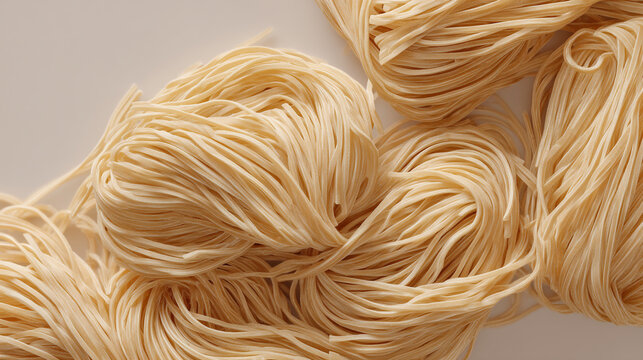 Close up view of several bundles of uncooked noodles on a white surface