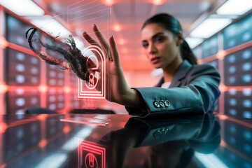 Woman touching a digital interface with data streams in a server room