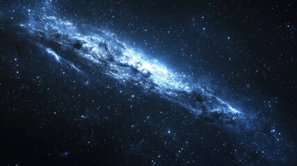 Fototapeta premium A vast, dark blue expanse of space with a bright, glowing nebula and numerous stars scattered throughout.