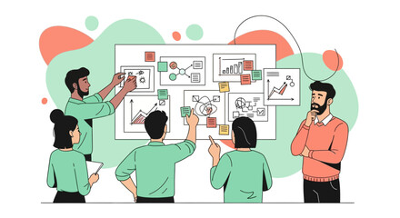 Team Discussing Concepts on a Board with Diagrams and Data for Business Strategy