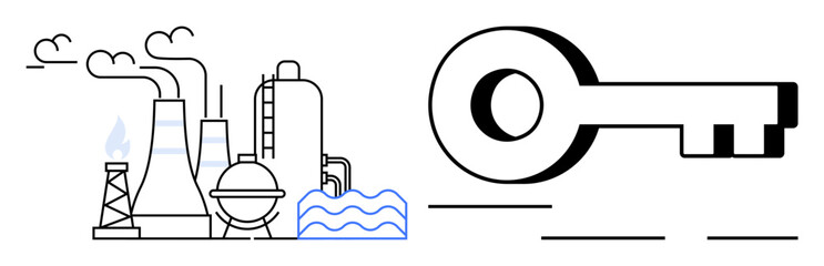 Industrial plants with chimneys, towers, flames, and water flow beside a large key. Ideal for industry, energy, environment, innovation sustainability problem-solving unlocking ideas. Simple flat