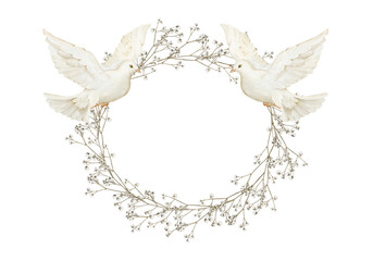 Watercolor floral wreath with white doves and delicate baby’s breath. Gypsophila flowers. Great for baptism invitations, memorial cards, church programs, wedding stationery, and soft religious designs © Eva Gentle