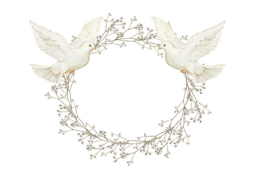 Watercolor floral wreath with white doves and delicate baby&rsquo;s breath. Gypsophila flowers. Great for baptism invitations, memorial cards, church programs, wedding stationery, and soft religious designs