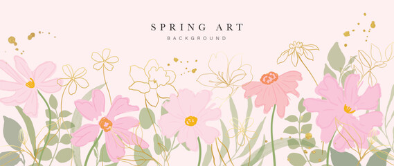 Vector spring floral background with pink cosmos and green leaves in watercolor style, delicate hand drawn illustration for wedding invitations and greeting cards