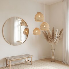 Modern circular mirror reflecting warm light and boho chic decor elements