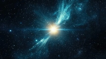 A vibrant blue and green nebula with a central star shining brightly, surrounded by countless stars and galaxies in a dark, star-studded space