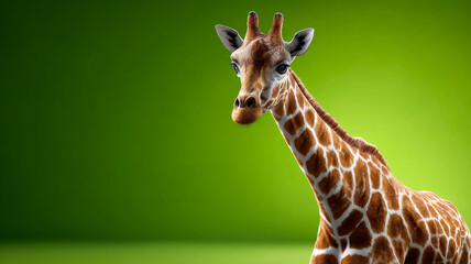 Obraz premium Giraffe standing against green backdrop. A giraffe gazes at the viewer against a vibrant green backdrop, highlighting its long neck and unique patterns.