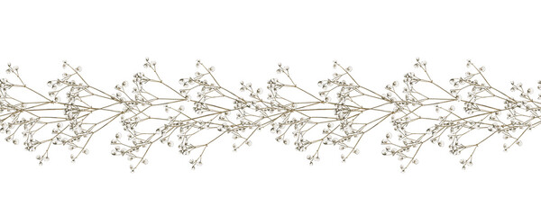 Watercolor seamless floral border with delicate gypsophila flowers. Baby’s breath branches. Hand drawn isolated botanical illustration. Ideal for wedding invitations, packaging, greeting card, textile