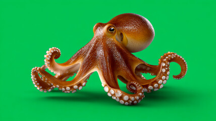 Fototapeta premium Colorful octopus on a bright background. A vivid octopus with long tentacles sits against a green background, showcasing its unique features and colors.