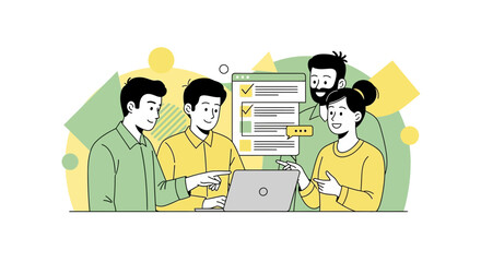 Teamwork And Collaboration: Illustrative Portrayal Of Group Work Around The Laptop