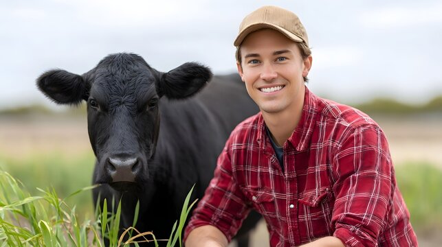 Portrait of a happy young male farmer posing with a black cow on a farm  The scene is set in a green field with tall grass and a cloudy sky conveying a sense of rural livelihood and animal husbandry
