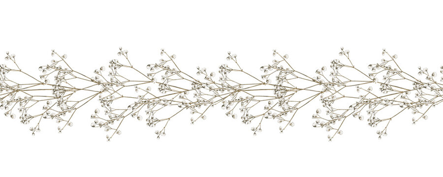 Watercolor seamless floral border with delicate gypsophila flowers. Baby&rsquo;s breath branches. Hand drawn isolated botanical illustration. Ideal for wedding invitations, packaging, greeting card, textile