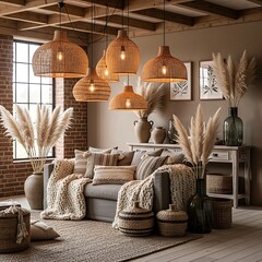 Bohemian living room decor with natural materials and cozy textures