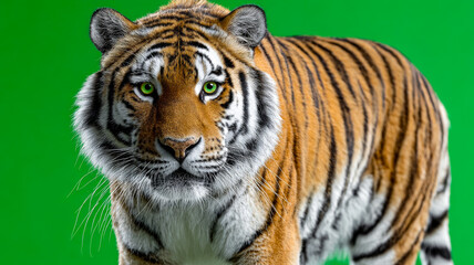Obraz premium Vibrant tiger in full glory. A tiger with bold orange and black stripes stands proudly against a green backdrop, highlighting its strength.