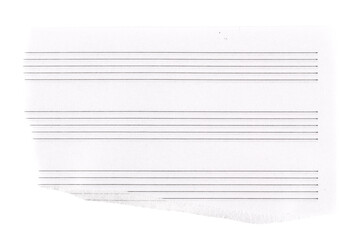 Torn sheet music paper with blank staves and rough edges, isolated for vintage music design, composition mockups, or artistic overlays