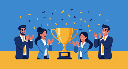 Triumphant Team Celebrates Success With Golden Trophy and Celebratory Confetti Shower