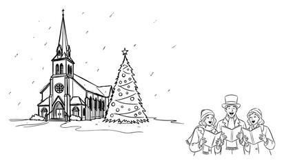Snowy church and carol singers line art vector – festive Christmas village scene