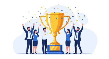 Triumphant Team Celebrating Victory Around A Golden Trophy For Successfully Accomplished Goals