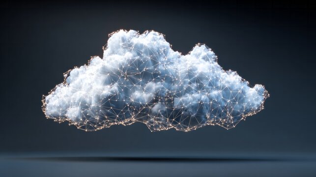 Illuminated digital network structure forms a volumetric cloud shape against a dark background