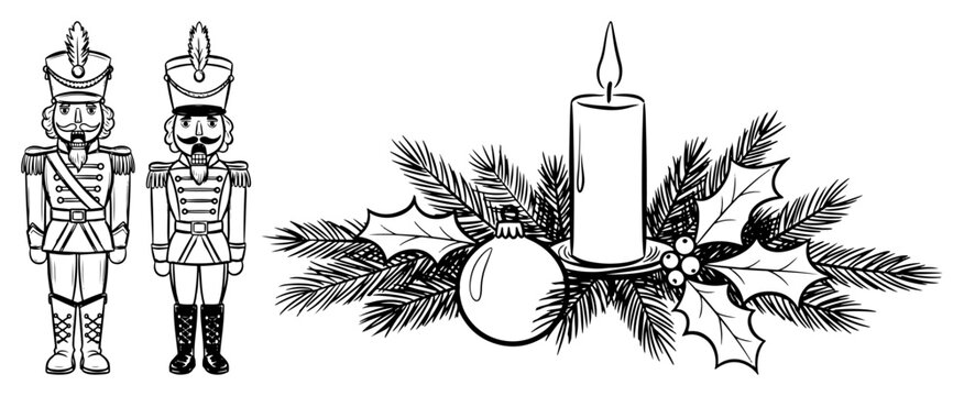 Nutcracker soldiers and Christmas candle centerpiece vector &ndash; festive holiday decor arrangement