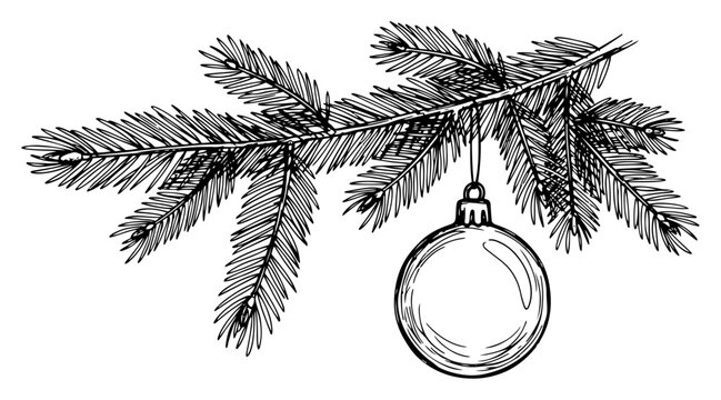 Pine branch with hanging bauble sketch vector &ndash; classic Christmas decoration