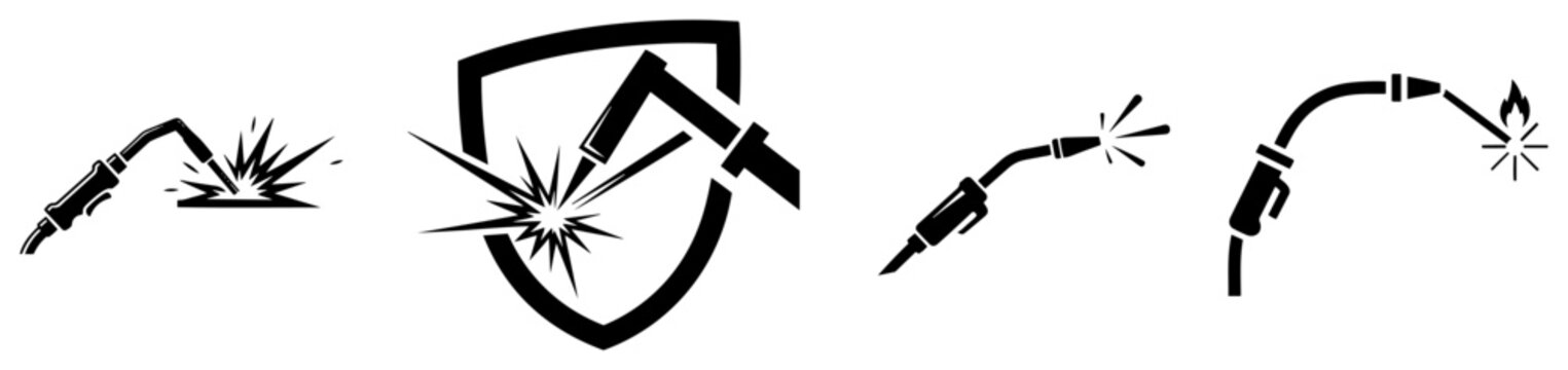 Welding icons set vector &ndash; torch, spark and shield industrial safety symbols
