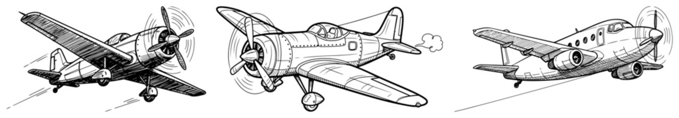Vintage propeller airplanes set vector – retro aviation sketches © Lukasz