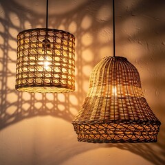 Woven pendant lights create warm ambiance with intricate shadow patterns
