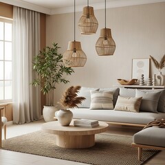 Cozy living room with natural light and modern decor featuring pendant lights and plush seating