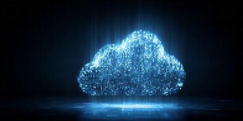 Digital data formation manifests as a luminous cloud symbol glowing against a dark background