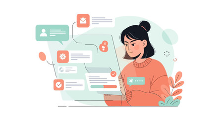 Woman Analyzing Data and Information on a Digital Interface, Modern Illustration