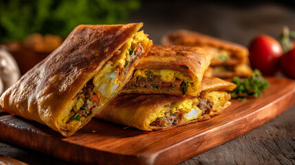 Close up of murtabak on a wooden board with tomatoes and parsley garnish