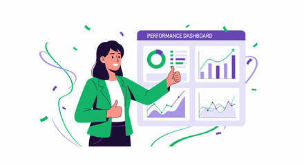 Woman Analyzing Data Dashboard with Great Approval and Thumbs Up Gesture for Success